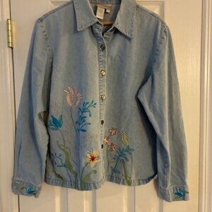 Coldwater Creek Lightweight Light Wash Embroidered Denim Shirt Jacket Size L